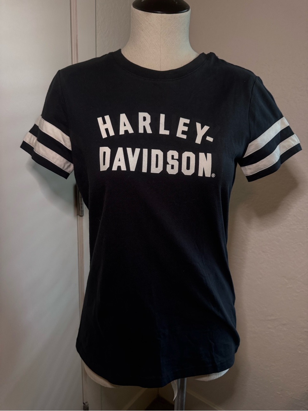 Harley-Davidson Black Logo Tee with White Stripes woman’s